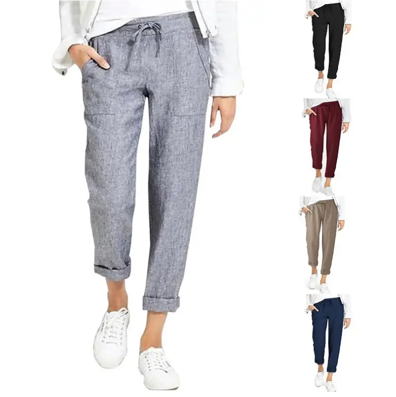 Women Maroon Drawstring High Waist Cotton Pants Large - Image 6