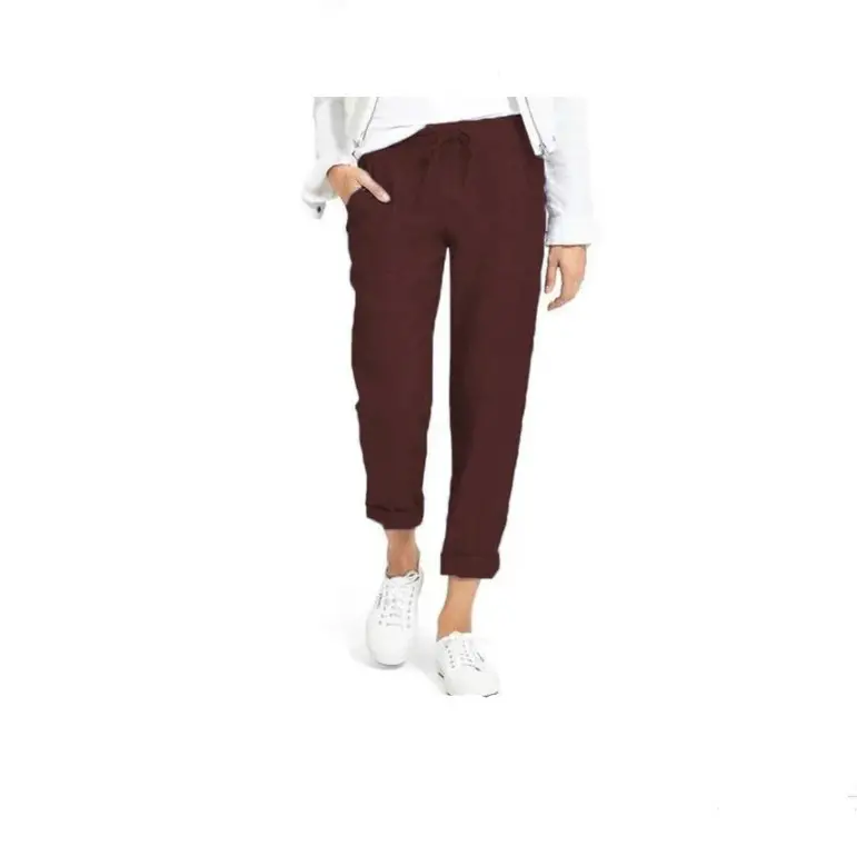 Women Maroon Drawstring High Waist Cotton Pants Large - Image 10