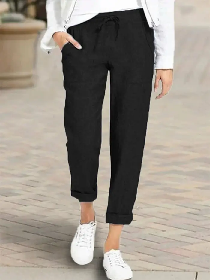 Women Maroon Drawstring High Waist Cotton Pants Large - Image 3