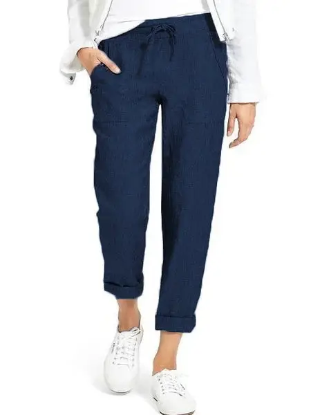 Women Maroon Drawstring High Waist Cotton Pants Large - Image 4