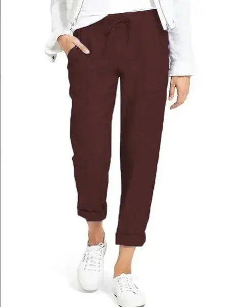 Women Maroon Drawstring High Waist Cotton Pants Large - Image 5