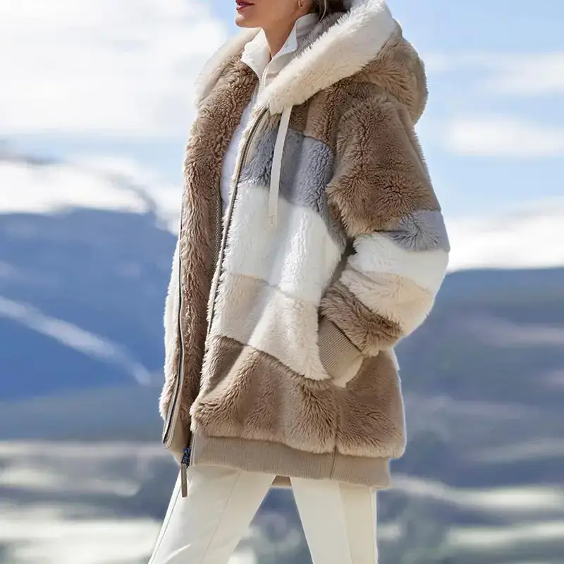Women Hooded Plush Jacket Winter Warm Lavender White - Image 13