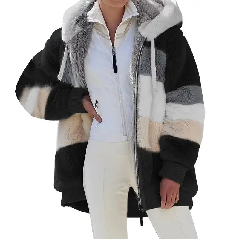Women Hooded Plush Jacket Winter Warm Lavender White - Image 15