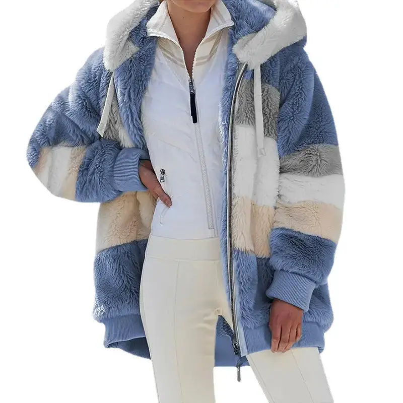 Women Hooded Plush Jacket Winter Warm Lavender White - Image 16