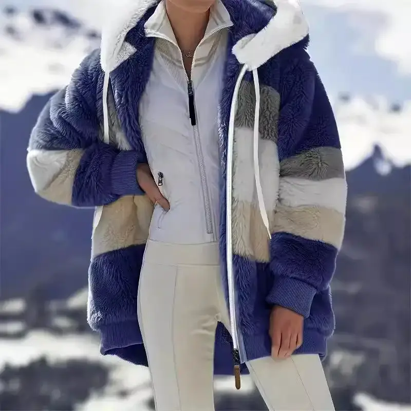 Women Hooded Plush Jacket Winter Warm Lavender White - Image 11