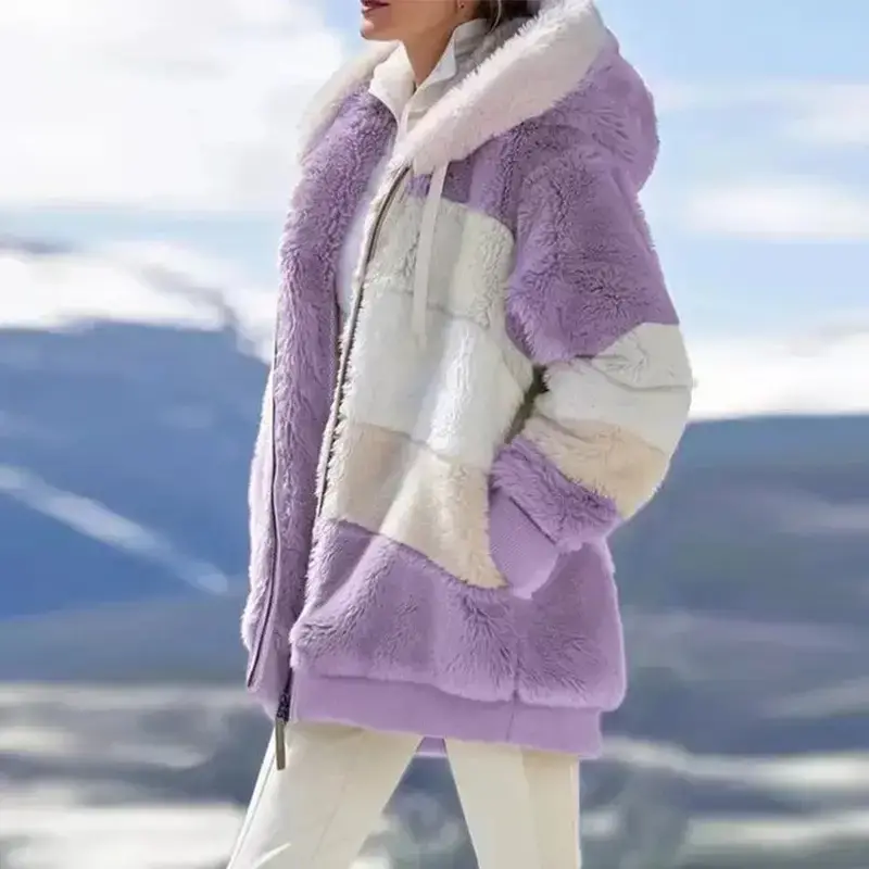Women Hooded Plush Jacket Winter Warm Lavender White - Image 2