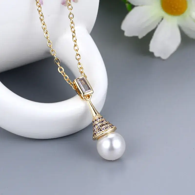 Korean Style Zircon Pearl Pendant Set Gold Silver - Image 5