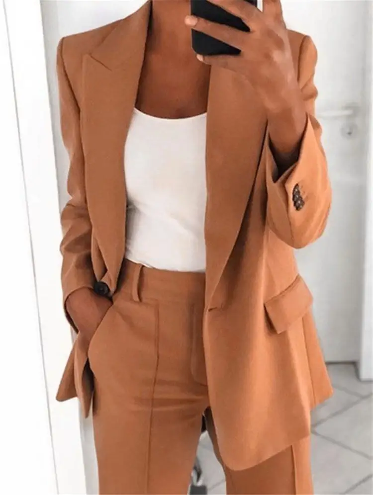Women's 2023 Autumn European American Fashion Lapel Suit Jacket Brown - Image 5