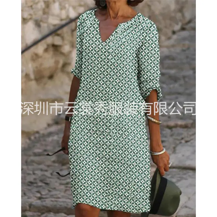 2021 Printed V-neck Short-sleeve Women's Dress - Image 3