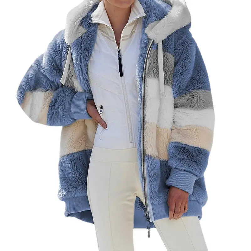 Women Warm Plush Patchwork Hooded Jacket Pink White - Image 16