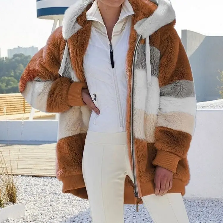 Women Warm Plush Patchwork Hooded Jacket Pink White - Image 8