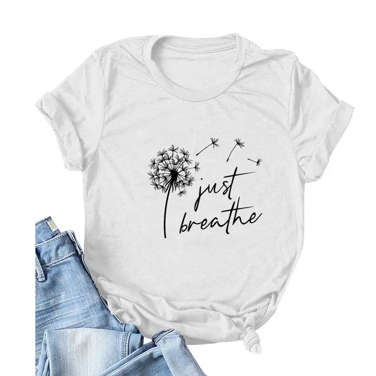 Women's Pink Dandelion Printed T-Shirt Just Breathable Casual Pullover - Image 24