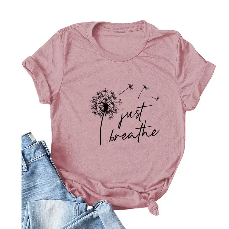 Women's Pink Dandelion Printed T-Shirt Just Breathable Casual Pullover - Image 26