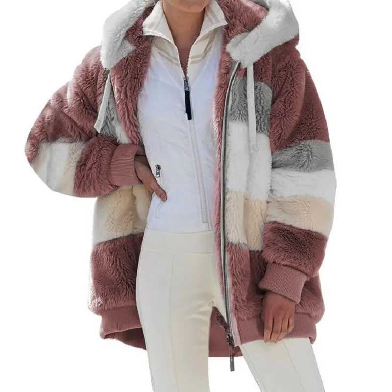 Women Hooded Plush Jacket Maroon White Winter Warm - Image 14