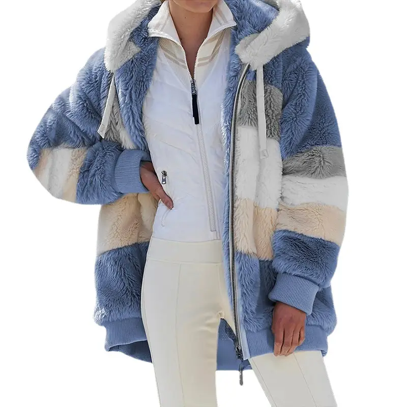 Women Hooded Plush Jacket Maroon White Winter Warm - Image 16