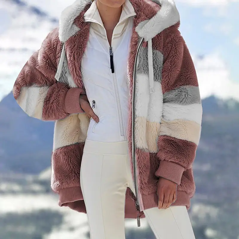 Women Hooded Plush Jacket Maroon White Winter Warm - Image 6
