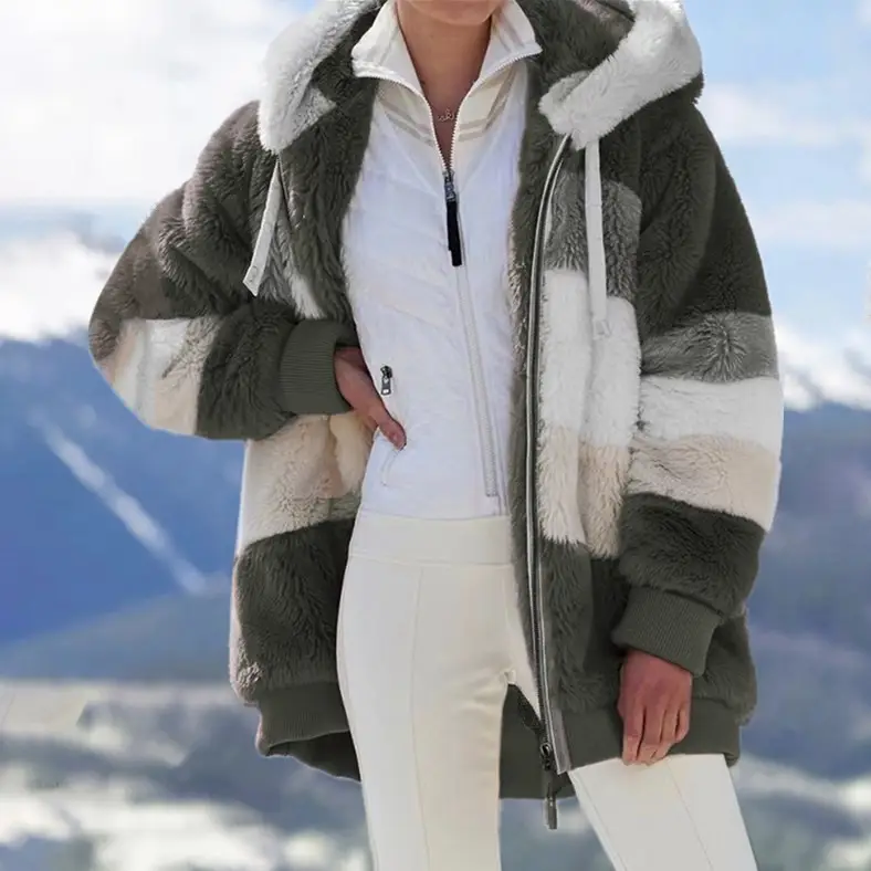 Women Hooded Plush Jacket Maroon White Winter Warm - Image 7
