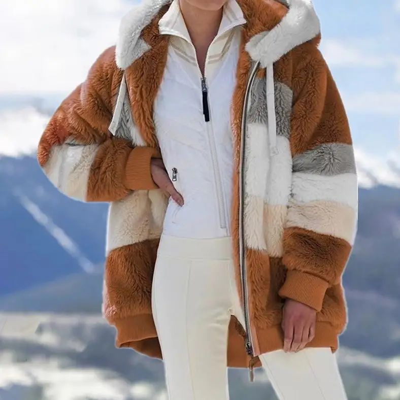 Women Hooded Plush Jacket Maroon White Winter Warm - Image 8