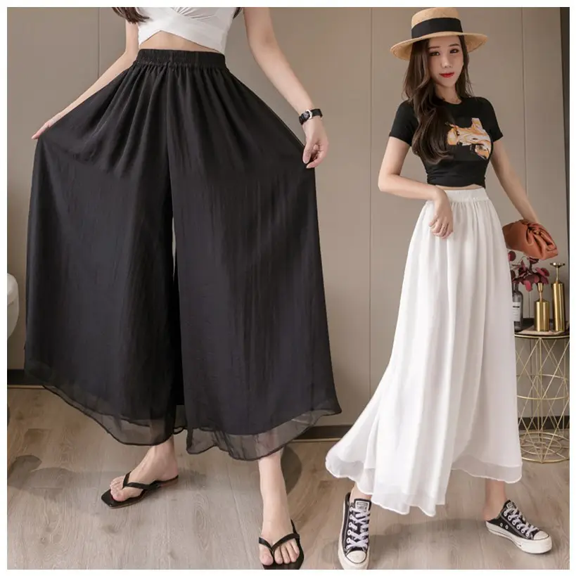 Double Layer Chiffon Wide Leg Pants Black White - Image 6