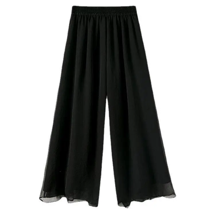 Double Layer Chiffon Wide Leg Pants Black White - Image 9