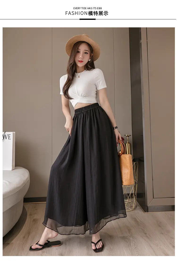 Double Layer Chiffon Wide Leg Pants Black White — feature 13
