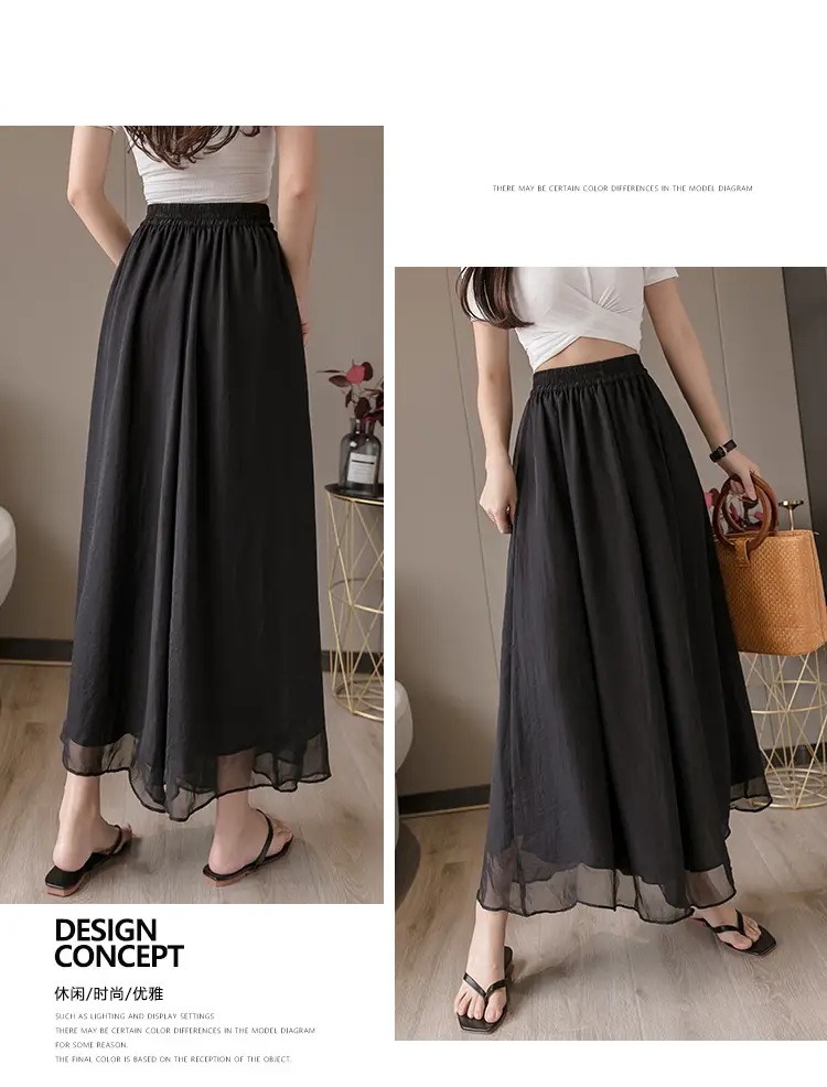 Double Layer Chiffon Wide Leg Pants Black White — feature 14