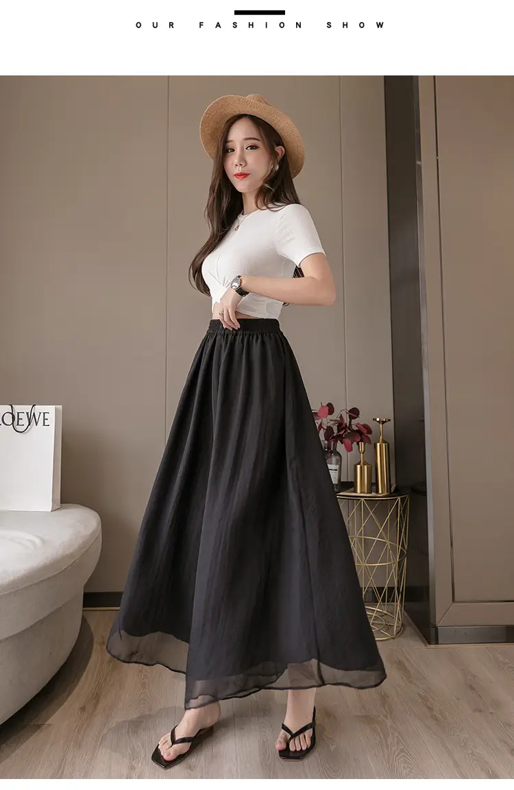 Double Layer Chiffon Wide Leg Pants Black White — feature 15