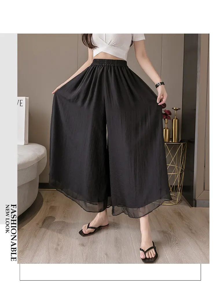 Double Layer Chiffon Wide Leg Pants Black White — feature 16