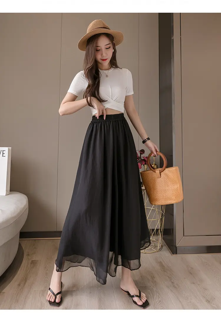 Double Layer Chiffon Wide Leg Pants Black White — feature 17