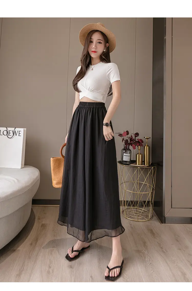 Double Layer Chiffon Wide Leg Pants Black White — feature 18