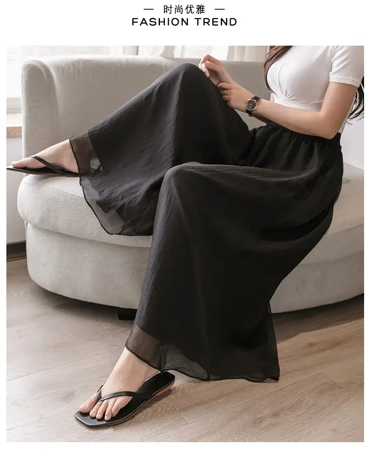 Double Layer Chiffon Wide Leg Pants Black White — feature 19