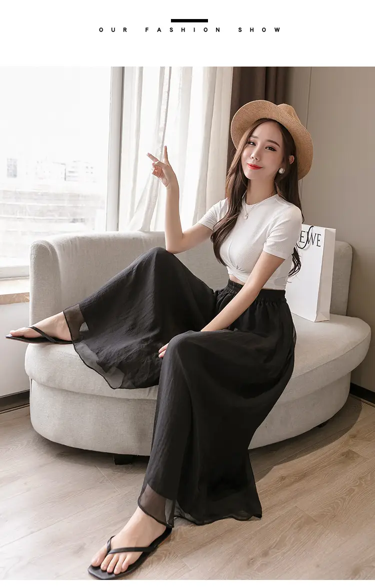 Double Layer Chiffon Wide Leg Pants Black White — feature 22