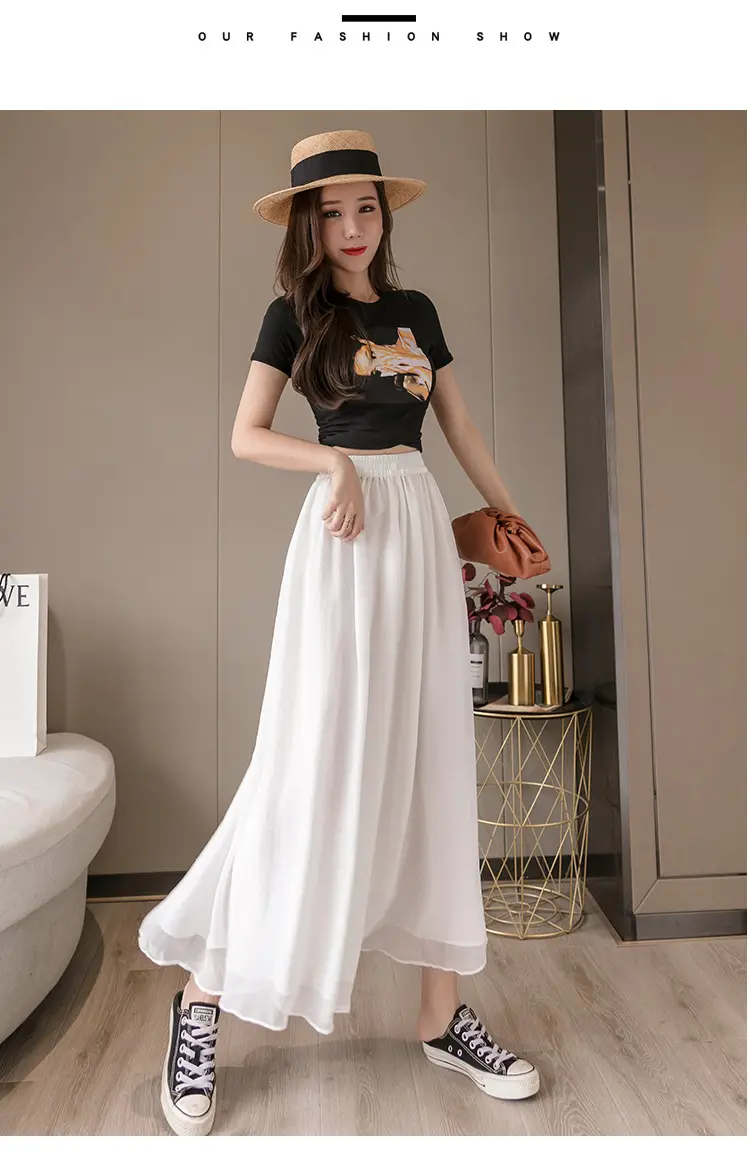 Double Layer Chiffon Wide Leg Pants Black White — feature 26