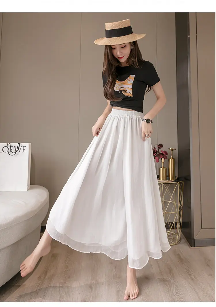 Double Layer Chiffon Wide Leg Pants Black White — feature 28