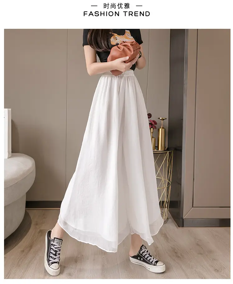 Double Layer Chiffon Wide Leg Pants Black White — feature 30