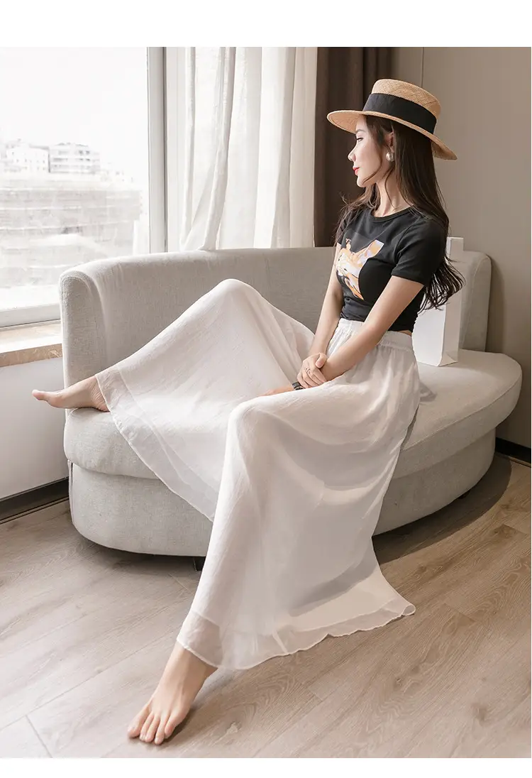 Double Layer Chiffon Wide Leg Pants Black White — feature 34