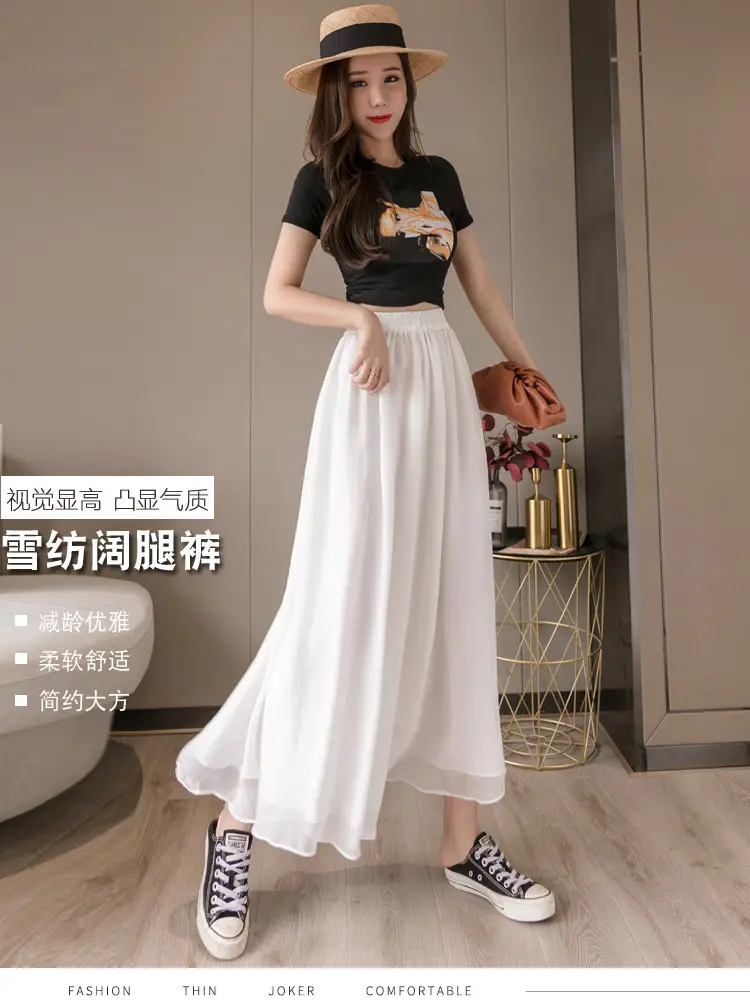 Double Layer Chiffon Wide Leg Pants Black White — feature 4