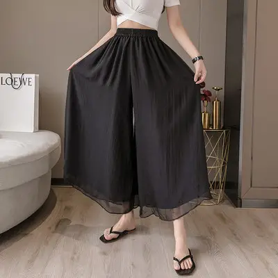Double Layer Chiffon Wide Leg Pants Black White - Image 2