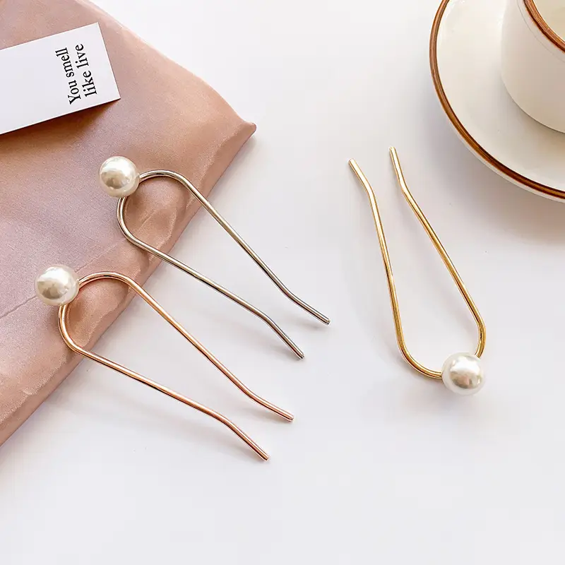 U-Shaped Pearl Hairpin Gold Minimalist Elegant - Image 12