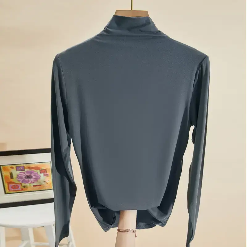 Women's Maroon High Collar Long Sleeve T-Shirt - Image 11