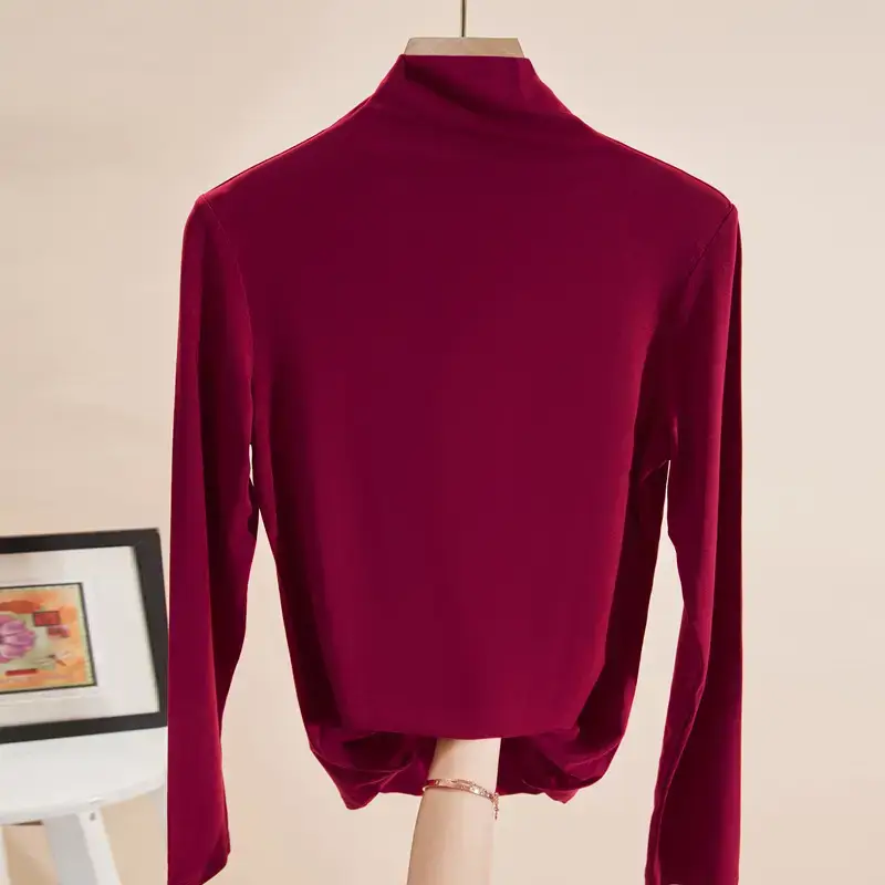 Women's Maroon High Collar Long Sleeve T-Shirt - Image 12