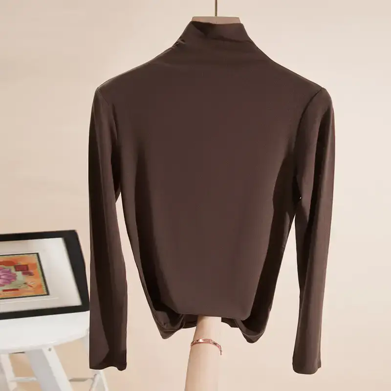 Women's Maroon High Collar Long Sleeve T-Shirt - Image 13
