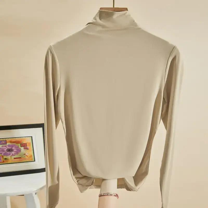 Women's Maroon High Collar Long Sleeve T-Shirt - Image 14