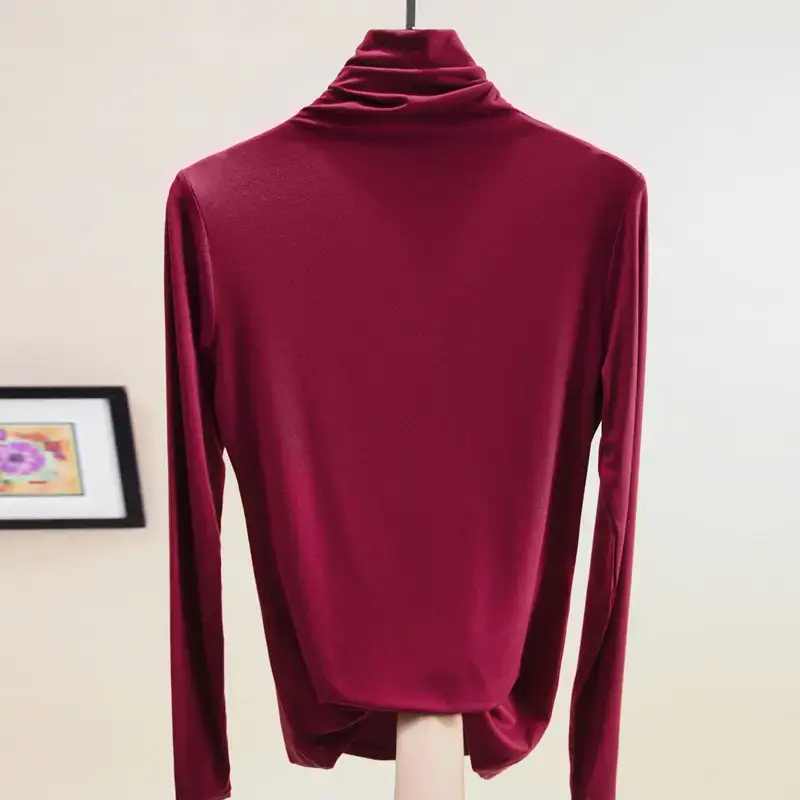 Women's Maroon High Collar Long Sleeve T-Shirt - Image 6