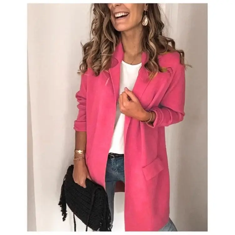 Women Long Sleeve Fake Flap Pocket Suit Jacket Pink Beige Grey - Image 7