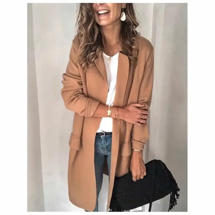 Women Long Sleeve Fake Flap Pocket Suit Jacket Pink Beige Grey - Image 8