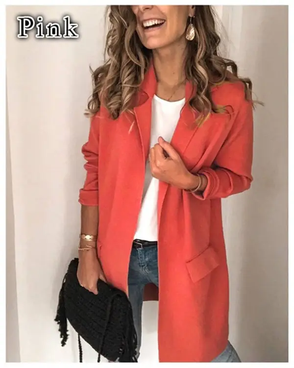 Women Long Sleeve Fake Flap Pocket Suit Jacket Pink Beige Grey — feature 6