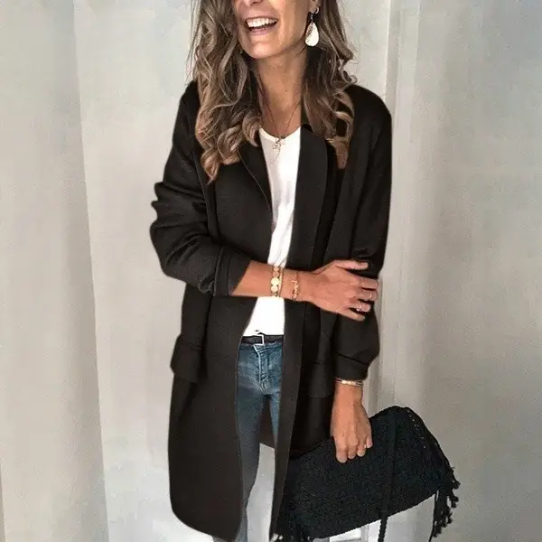 Women Long Sleeve Fake Flap Pocket Suit Jacket Pink Beige Grey - Image 3