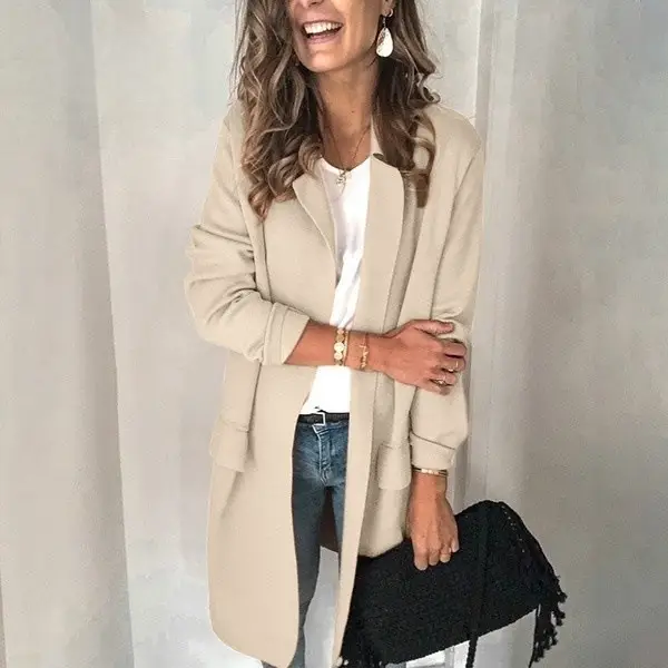 Women Long Sleeve Fake Flap Pocket Suit Jacket Pink Beige Grey - Image 4