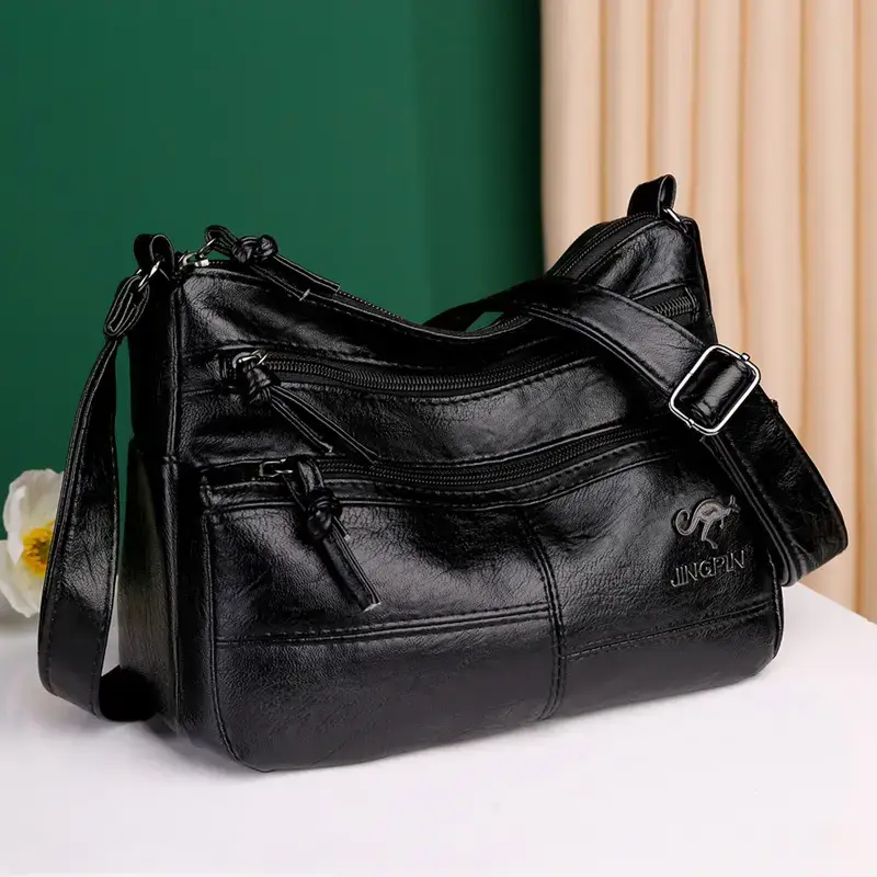 Women's Soft Leather Crossbody Bag Black Brown Multi Pocket